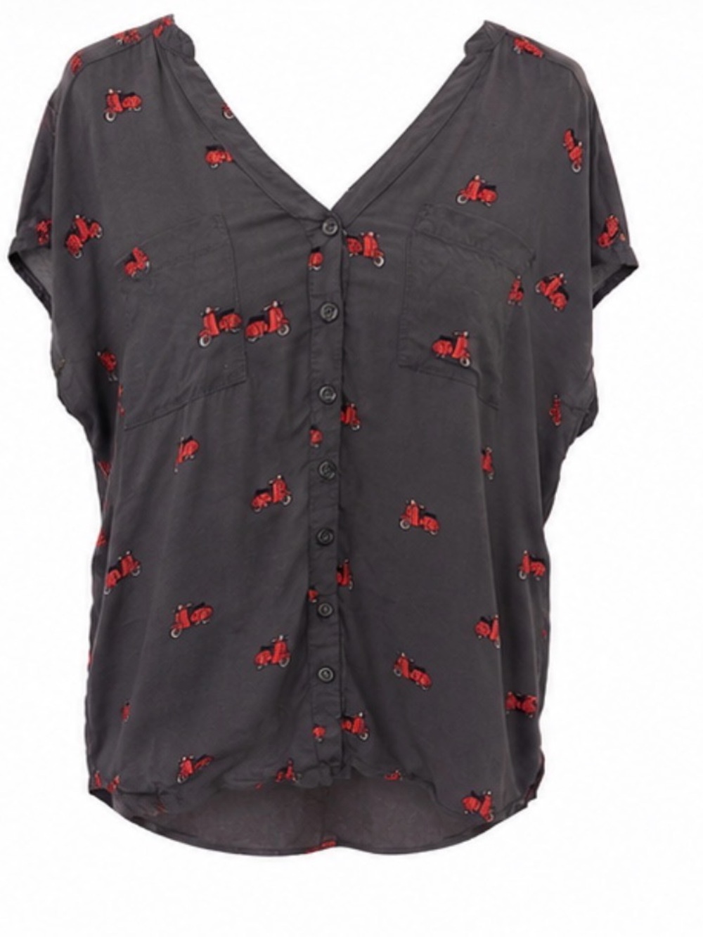 Torrid Gray Red Scooter Vespa Print Button Front Blouse Hi Low Plus Size 0?